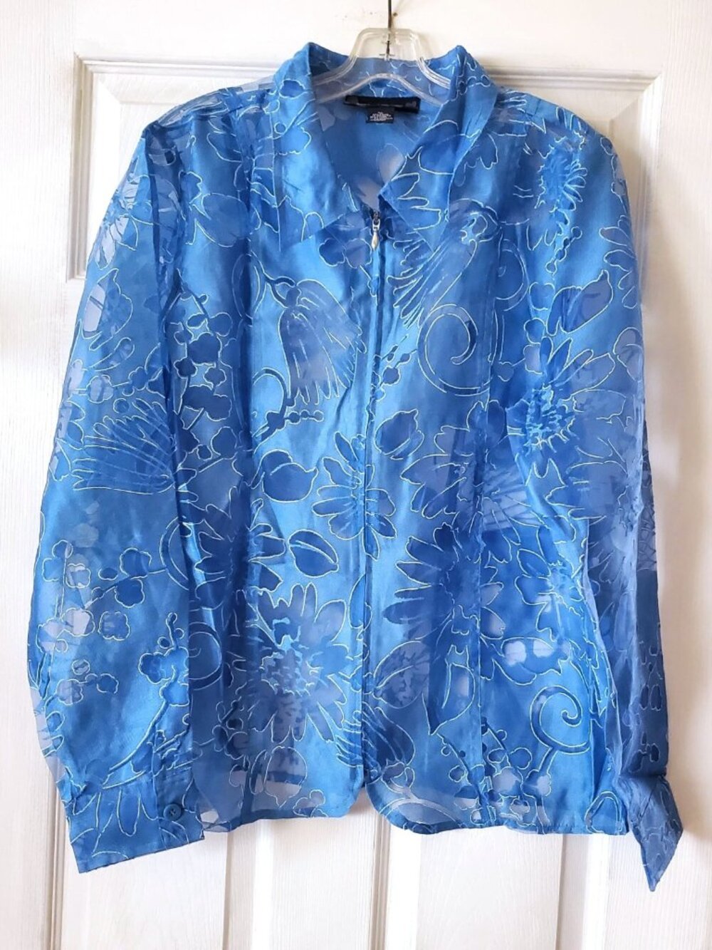 VNTG SUSAN GRAVER STYLE SHEER TOP COVER BLUE FLORAL ZIP FAIRY COQUETTE XL NWOT